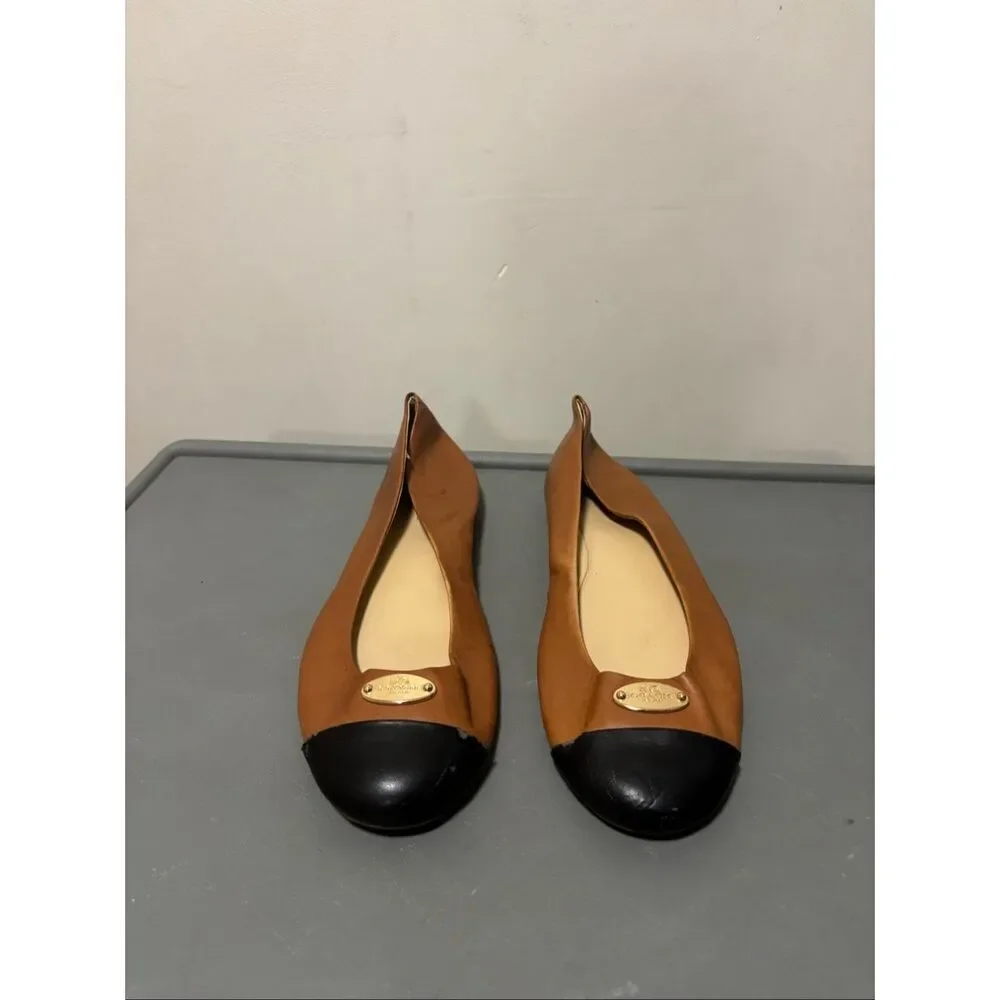 Coach 100% Leather New York Brown Black Tip Ballet Flats Slip On Shoes Women's 9